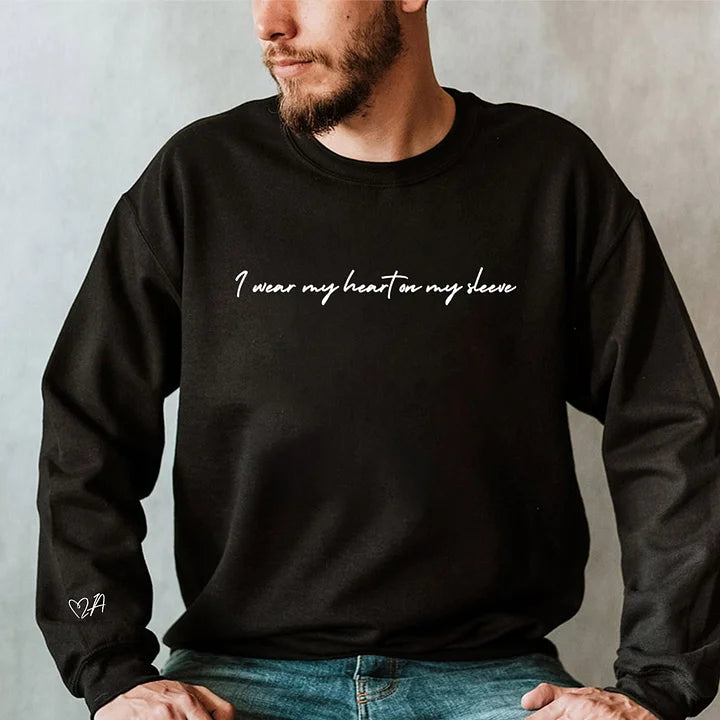 i-wear-my-heart-on-my-sleeve-crewneck-or-hoodie-custom-initals-sweatshirt-on-sleeve