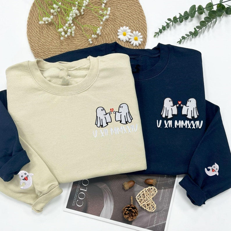 custom-couple-ghost-halloween-embroidery-roman-numerals-shirt