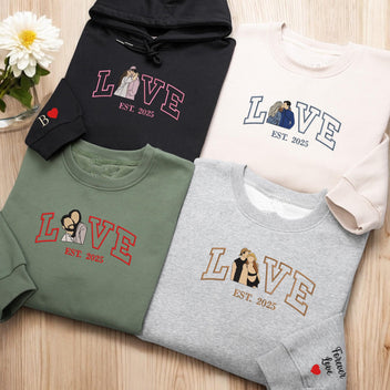 Embroidered Custom Photo Portrait Personalized Couple Valentines Sweatshirt, Anniversary Date on Sleeve Matching Couple,Gift for Him